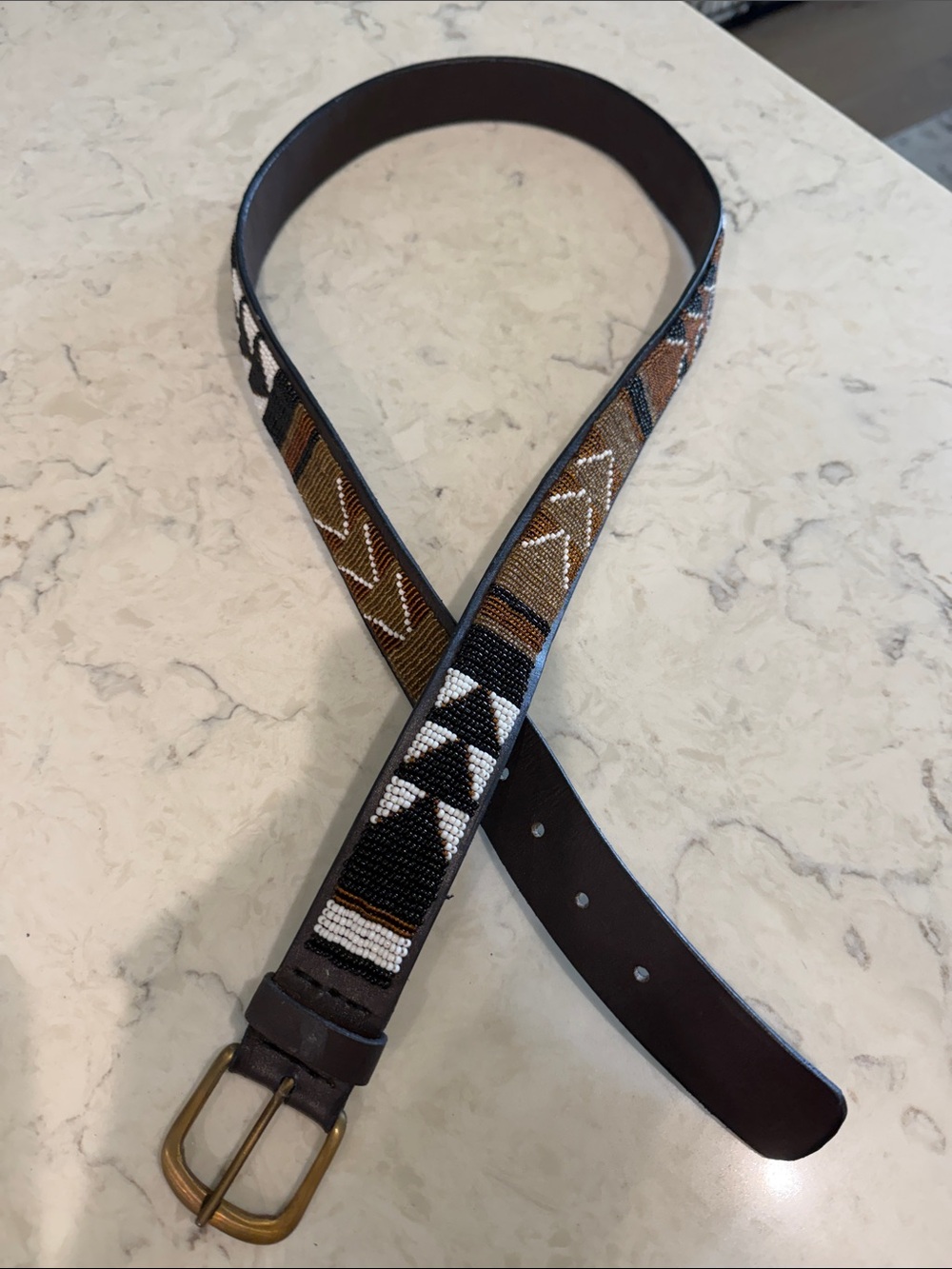 Men's Brown Maasai Beaded Leather Belt - Brown, Black & White